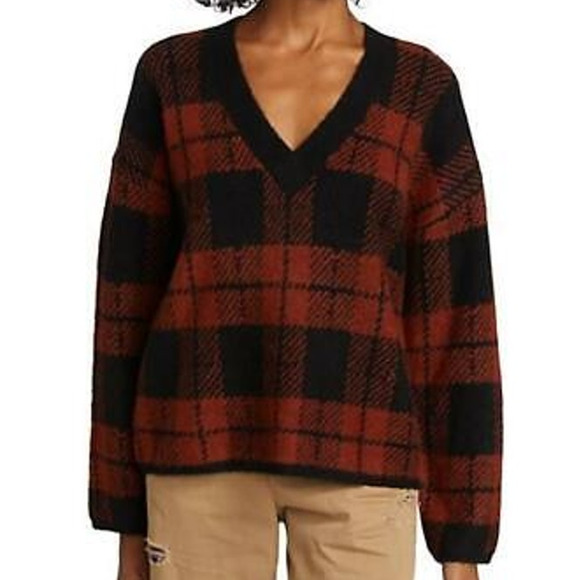 Rails Colleen Rust Black Plaid Sweater V-Neck Women's Size Medium New With Tags - Picture 1 of 10